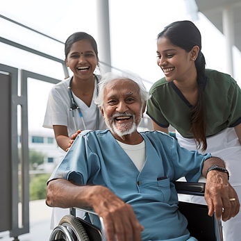 Medical staff supporting an elderly man in a wheelchair as part of Kurapati Healthcare Foundation elderly care services
