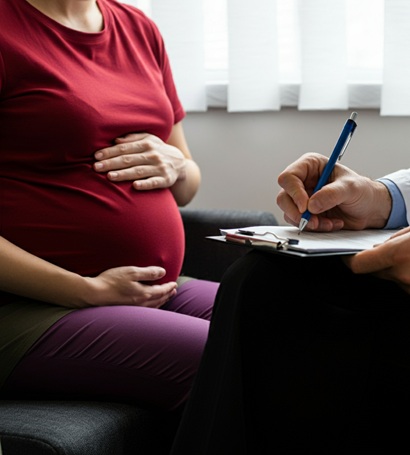 Pregnant woman receiving medical consultation during a maternal health program by Kurapati Healthcare Foundation
