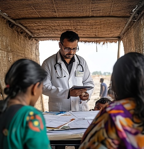 Healthcare worker examining patients during a rural medical camp organized by Kurapati Healthcare Foundation